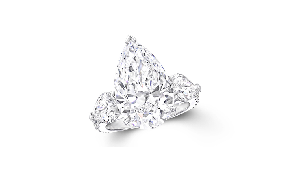 diamond ring from Graff Diamonds featuring a 7.15-carat D flawless pear-shaped stone cut from Lesedi La Rona